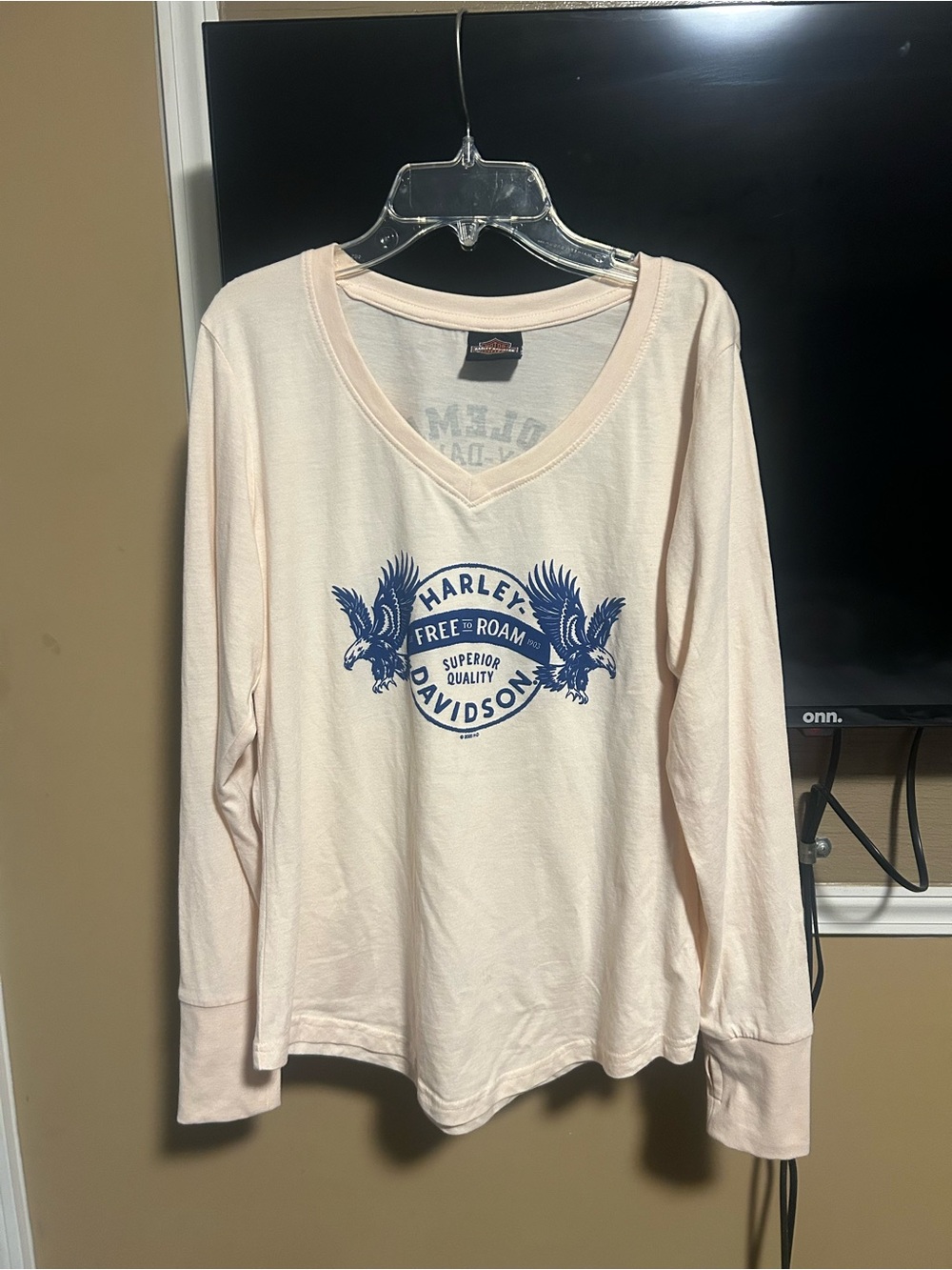 Harley-Davidson Pale Pink V-Neck Tee with Blue Graphic